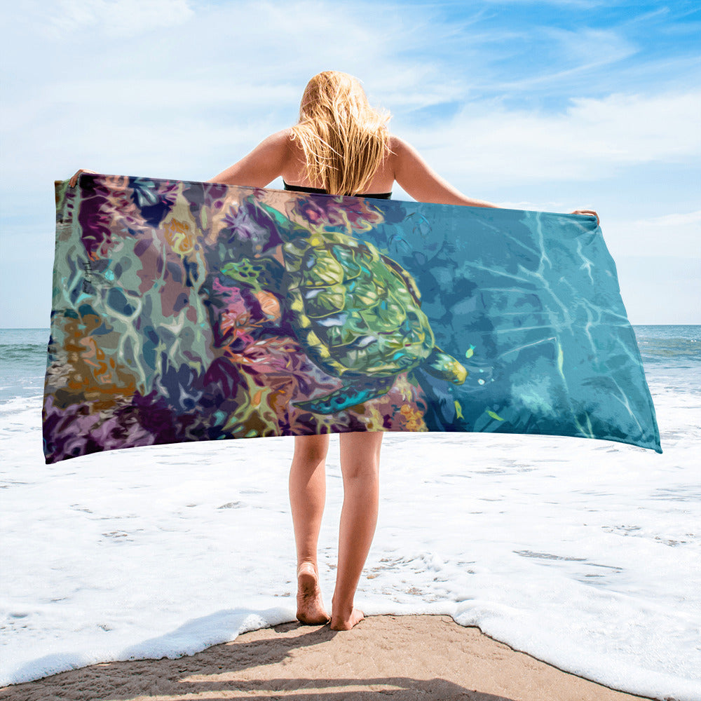 Sea Turtle on a reef Beach Towel from Talula Land