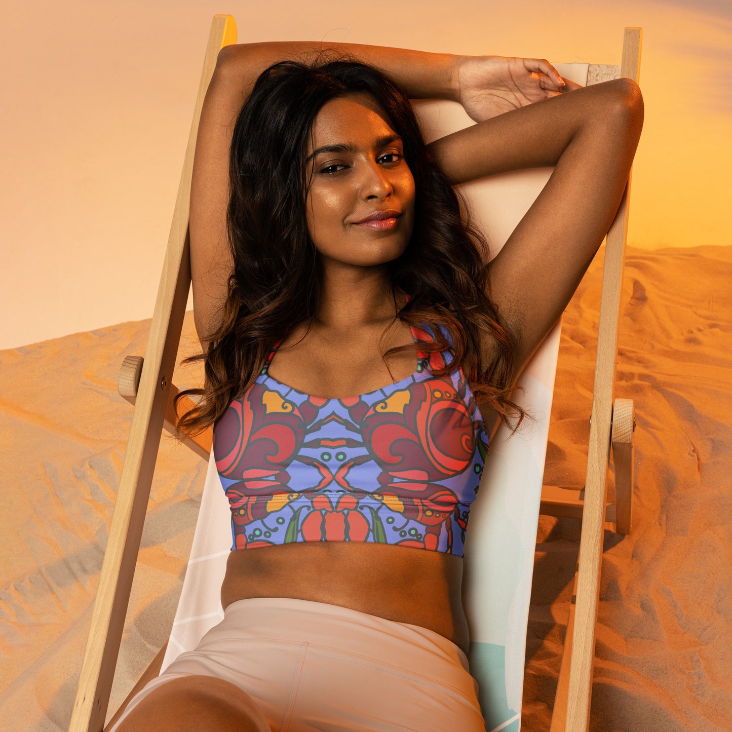Crabs on Periwinkle Longline sports bra from Talula Land