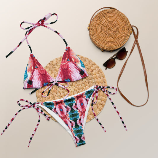 Painted Pink Flamingo All-over print recycled string bikini from Talula Land