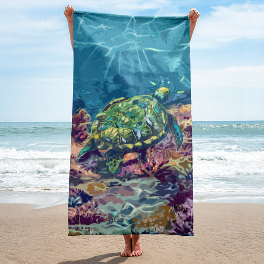 Sea Turtle on a reef Beach Towel from Talula Land