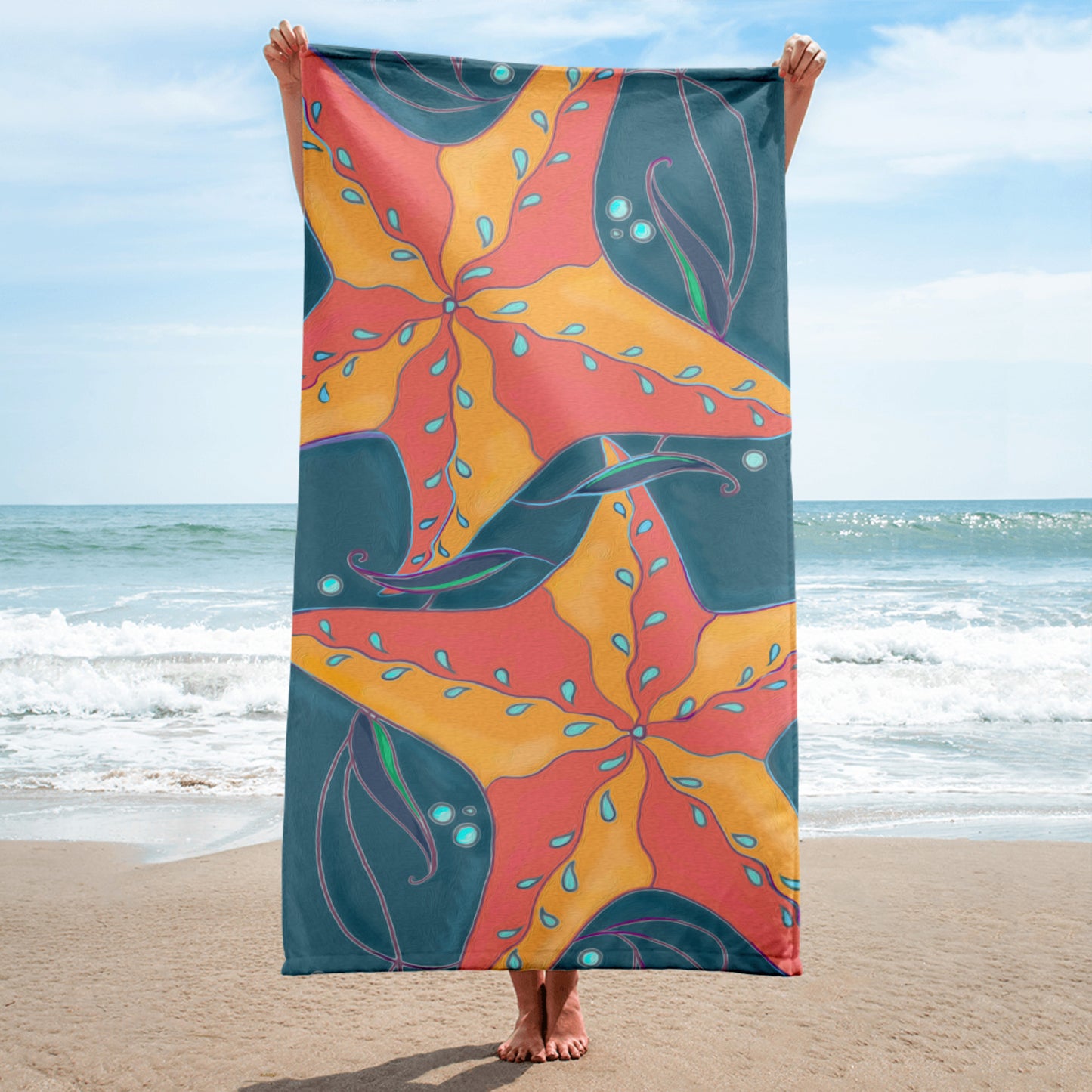 Star Fish on blue Beach Towel from Talula Land